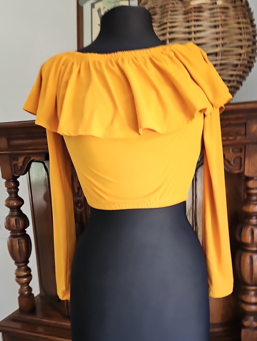 feathers Off-Shoulder Ruffle Crop Top in Mustard